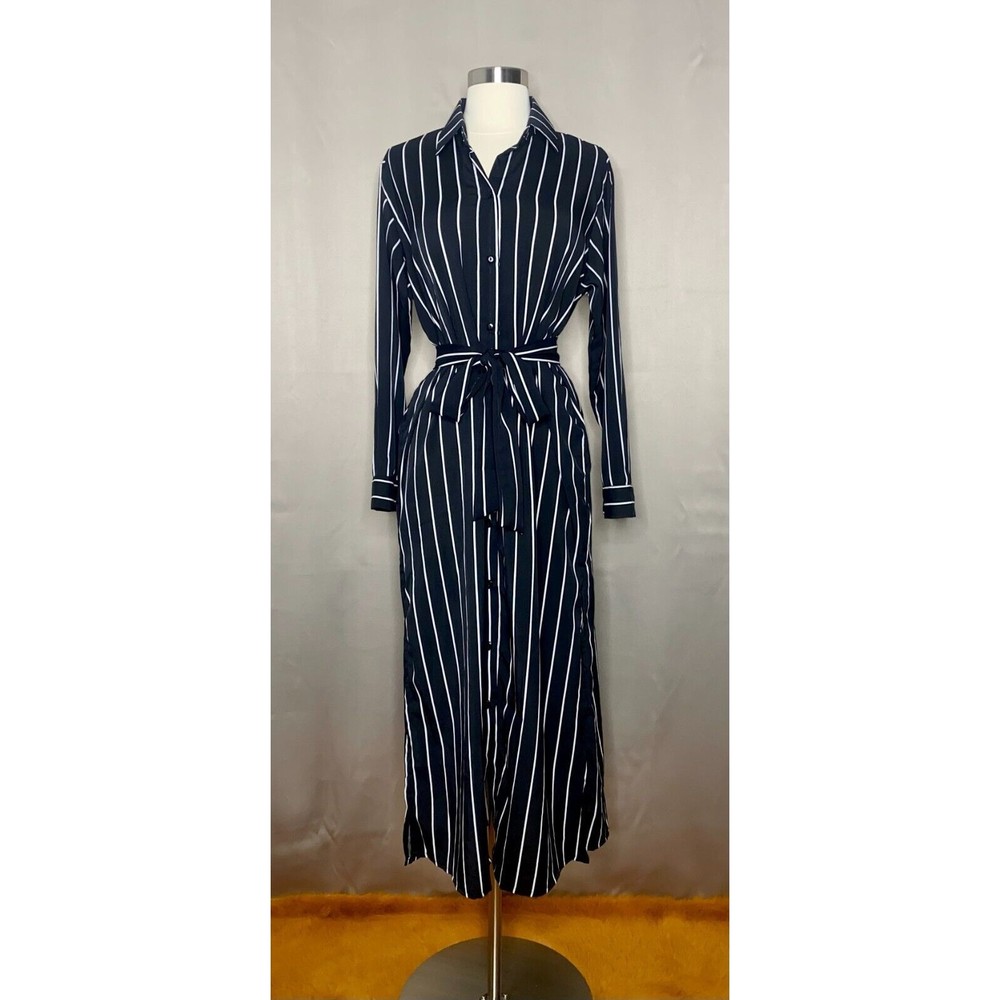 Women Black Striped Slit Sides Maxi Dress Small to Large Collared Long Sleeves